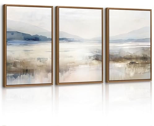 3 Pcs Abstrakt Berg Seen Leinwand Bilder mit Rahmen Set, Neutral Natur Landschaft Wandbilder Neblig Blau Weiß Landschaft Bild Auf Leinwand Poster Deko für Wohnzimmer Schlafzimmer Büro 40X60cmx3 Pcs