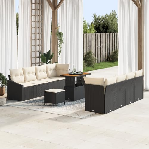IBUQDDV 11-teilige Garten-Sofa-Gruppe mit Kissen Schwarz Poly-Rattan Akazie, 6 Personen Lounge Set mit Tisch, UV-beständige Außenmöbel für Terrasse Balkon Garten, Wetterfestes