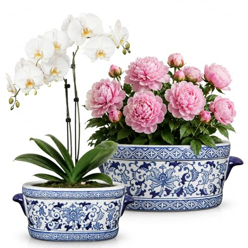 Lot de 2 vases en céramique bleu et blanc – Cache-pot ovale de style porcelaine avec motif floral – Bol décoratif pour plantes d'intérieur, orchidées et fleurs artificielles – 19 cm et 27 cm
