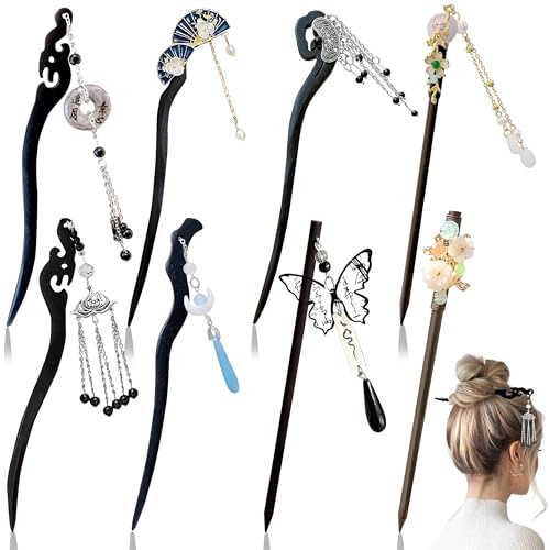 Bacchette per Capelli in Legno, 8 Pezzi Spille Cinesi Vintage, Bastoncini per Capelli Retro con Fiori e Perle Hair Sticks Eleganti Accessori Hanfu con Nappina per Donna Fai da Te