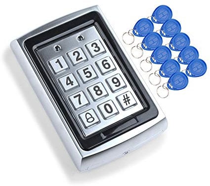 HFeng RFID Metal Access Control Keypad EM Card Reader with 10pcs EM4100 Keychains + Waterproof Protective Cover for Door Access Control System (Keypad+10 Keys)