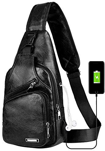 Peicees, borsa a tracolla da uomo in pelle con caricatore USB, da viaggio, palestra, bicicletta, iPad, fotocamera, tracolla, zaino multiuso per uomini e ragazzi