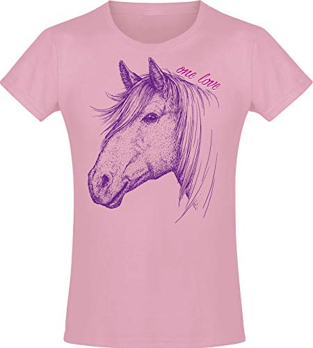 Baddery Pferde T-Shirt Mädchen - One Love - Pferd Tshirt - Reiterin Geschenk Reitbekleidung Kinder (Light Pink 164)