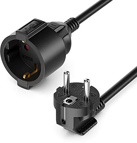 deleyCON 20m Cable de Alimentación Extensión Enchufe de Contacto de Puesta a Tierra Tipo F (CEE 7/4) 90° en Ángulo en el Zócalo (CEE 7/3) Protección de Contacto TV PC Ordenador Beamer - Negro