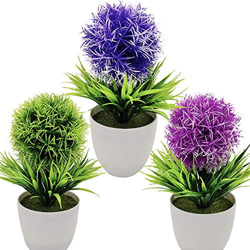 Fycooler Kunstpflanze Künstliche Blumen Gras Bonsai mit Topf Grün Blau Lila 3er-Set klein, Zuhause Wohnung Büro Dekor Hochzeit Geburtstag Weihnachten Geschenk Raum Küche Bürotisch Badezimmer Deko