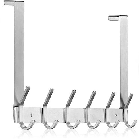MEIJO Appendiabiti Da Porta, Ganci Porta In Acciaio Inox Con 6 Ganci, Attaccapanni Da Porta Per Cucina Ufficio Bagno (Argento, spessore 4,5 cm)