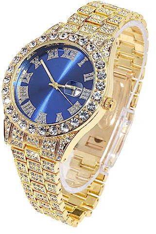Halukakah Diamant Golduhr Iced Out, Männer 18k Echtgold Plattiert Quarz Armband 24cm Blaues Zifferblatt, Kommt mit Geschenkbox