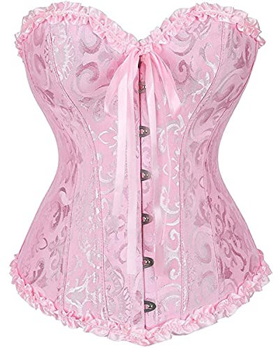 SxyBox Corsetto Donna Sexy Burlesque Overbust Corsetti Bustino per Halloween, Carnevale e Feste,Rosa,L