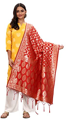 Fabcartz Damen Banarasi Seide Ethno Schal Dupatta, Rot3, 2.4 Meter