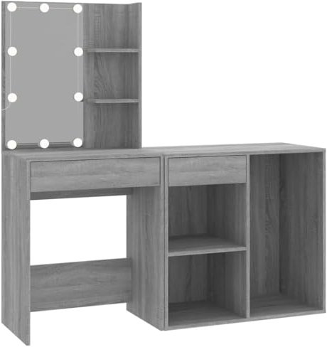 vidaXL LED Dressing Table with Cabinet Makeup Vanity Desk Jewellery Cosmetic Mirrored Dressing Table with Storage Grey Sonoma Engineered Wood