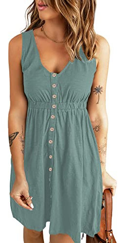 AUSELILY Sommerkleid Damen Casual Button Down Mini Kleid Cute V Neck Strandkleid mit Taschen Mintgrün M