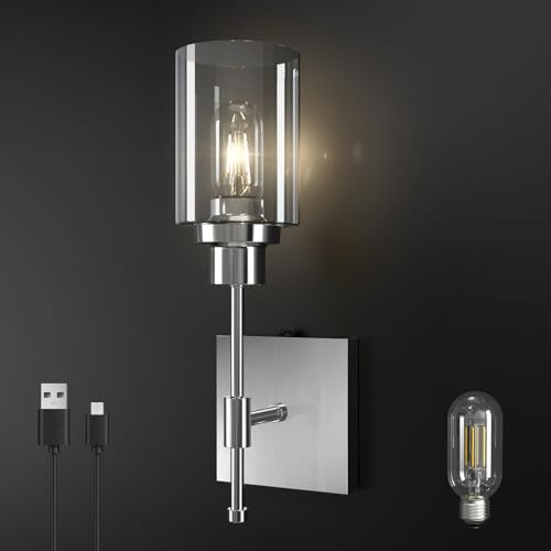 HYMELA C02 Battery Operated Wall Sconce 1pc, No Wired Rechargeable Wall Lamp with Clear Glass Shade Easy Install Cordless Wall Light Fixtures for Bathroom Hallway Kitchen Mirror Nickel(Bulb Included)