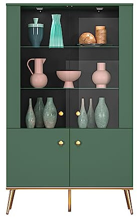 Lomadox Highboard Vitrinenschrank inkl. LED-Beleuchtung in grün mit goldfarbenen Griffen und Füßen, B/H/T ca. 92/152/40 cm