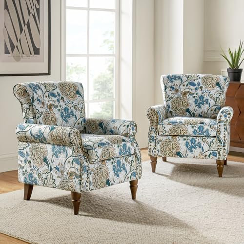 HULALA HOME Modern Wingback Upholstered Armchair Accent Chair Set of 2 with Wood Legs & Removable Cushion Nailhead Trim, Floral Pattern Single Sofa for Living Room Bedroom, GREEN