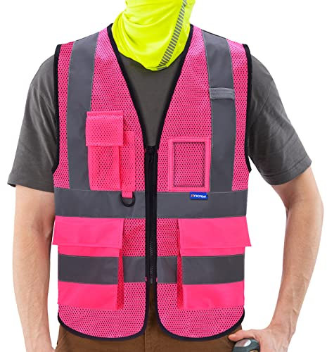 AYKRM Warnweste mit Reißverschluss vorne, hohe Sichtbarkeit, mit Handy- und Ausweisfächern, 21 Farben, Pinkes Netzgewebe, XXXL
