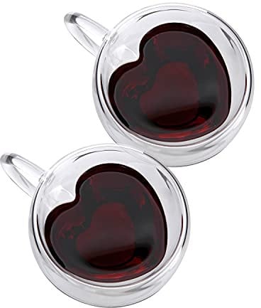 CNGLASS Double Wall Heart Shaped Glass Coffee Mugs 5oz(150ml),Insulated Clear Tea Cups with Handle,Unique Glass Espresso Mugs for Coffee,Cappuccino,Latte,Milk Set of 2
