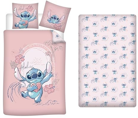 Aymax Parure de Lit Stitch 3 Pièces Rose, 100% Coton, Housse de Couette 140x200 cm + Taie d'oreiller 65x65 cm et Drap-Housse 90x200 cm