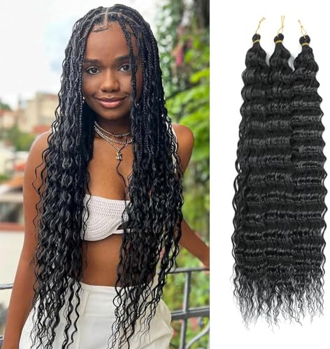 Herkeymidy Ocean Wave Crochet Hair 3 Packs 22 Inch Deep Wave Wavy Braiding Hair Crochet Synthetic Braids Hair Extension For Black Women (1B)
