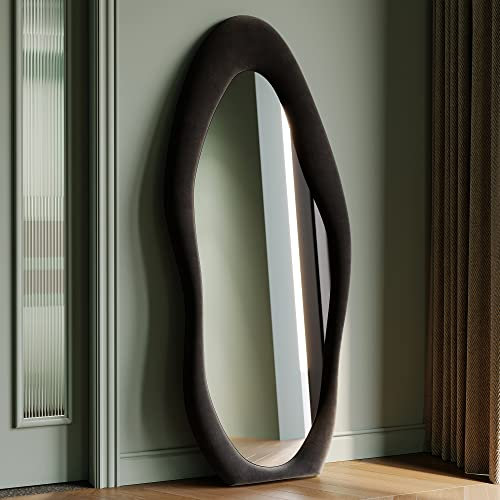 Ganzkörperspiegel 160x60cm Standspiegel,Asymmetrischer Gewölbter Bodenspiegel Groß,Wandspiegel aus Flanellumwickeltem Holzrahmen (Schwarz),Hängend/Kippend,Halbrunder Spiegel für Schlafzimmer