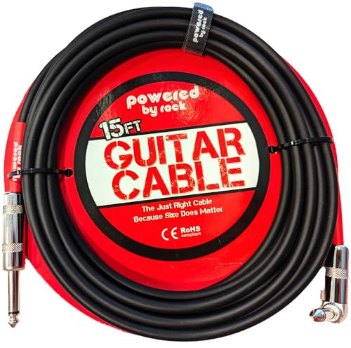 Powered By Rock 15ft Guitar Cable for Electric Guitar & Bass - Crystal Clear Instrument Cable & Tangle Free - 1/4 Inch Male to Male Inputs with a Right Angle Jack On One End to Secure Your Amp Cord