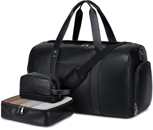 Wogarl 3PCS Leather Weekender Bag for Women Men: Large Overnight Travel Duffel Bags with Shoe Compartment Toiletry Packing Cube Carry On Tote Fit 21(Black)