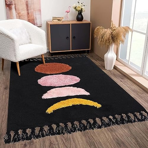 LINROMIA Tappeto Salotto 120x180, Boho Nero Luna Tappeti in Cotone, Tappeto Tessuto a Mano con Frange, Tappeto Lavabile in Lavatrice per Cucina Salotto Bagno Camera Da Letto Casa Corridoio
