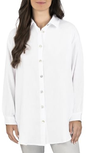 DENIMFY Musseline Bluse Damen Oversized DFMathilda Hemdbluse Sommer Langarm Knopfleiste Einfarbig 100% Baumwolle Weiß S-M, Größe:S/M, Farben:White (62000)