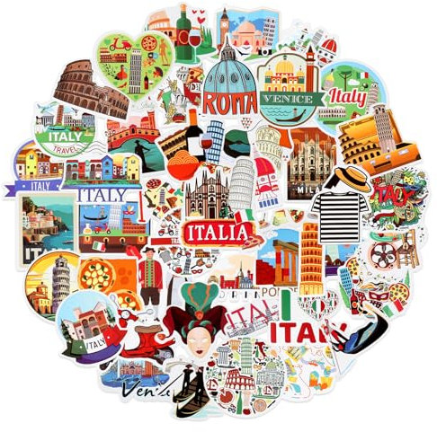 Tenare 50 Stück Aufkleber Italien Sticker Reiseaufkleber Wasserfeste Urlaubsaufkleber Italy Reiseaufkleber für Wasserflasche Laptop Gepäck Scrapbooking Gitarre Skateboard (Italien)