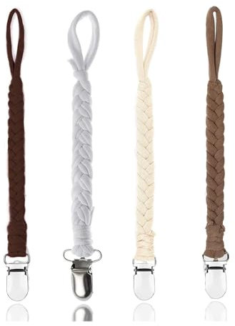 Schnullerketten Baumwolle Schnullerketten, 4pcs Baby Schnullerkettenclips, Schnullerketten für Mädchen und Jungen, Schnuller, Geflochtene Schnullerkette (Tiefer Kaffee/Beige/Grau/Hellbraun)