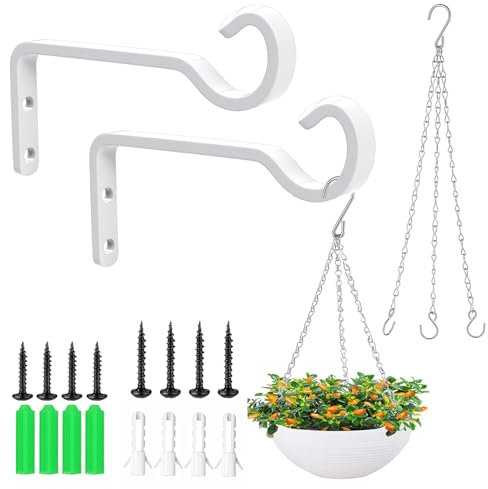 2 Pack Heavy Duty Outdoor Plant Hangers for Hanging Baskets with 3-Leg Hanging Basket Chain, Plant Brackets for Hanging Baskets Hanging Basket Chains for Hanging Lantern Bird Feeder (White)