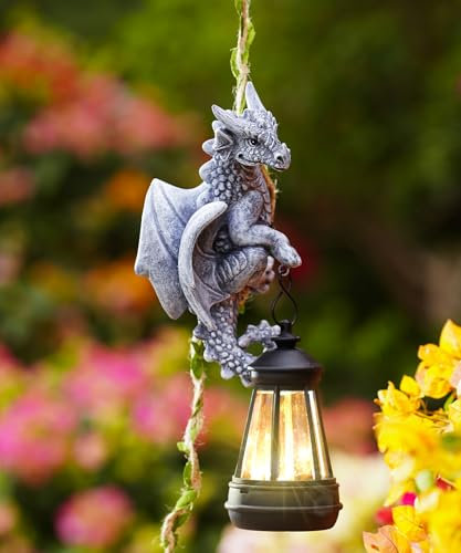Solarleuchte für den Außenbereich, 16,3 cm hoch, Kunstharz-Drache klettert auf einer 60 cm Rebe mit LED-Laterne, wasserdichte hängende Tierfigur mit Haken für Hof, Garten, Wand, Balkon, Baumdekoration
