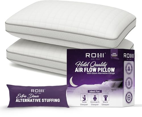 Rohi 2 Pack Hotel Quality Pillows with Extra Fillings | Adjustable Down Alternative Bed Pillow For Stomach, Side & Back Sleeper | Breathable Mesh | Neck, Head & Back Support Pillow (50cm x 75cm)