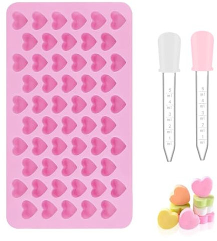 Moule en Silicone en Forme de Cœur+2 Liquide Droppers, Moule à Chocolat Réutilisables avec 55 Cavité Mini Moule en Silicone Antiadhésif avec Compte-Gouttes pour Chocolat Bonbon Gâteau Saint-Valentin