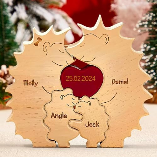 Personalisiertes Holzkunstpuzzle der Bärenfamilie mit 1-8 Familiennamen | Bärenskulptur aus Holz als Desktop-Dekoration Ornament für Zuhause Tischdekoration, Mama Großmutter (Igel)