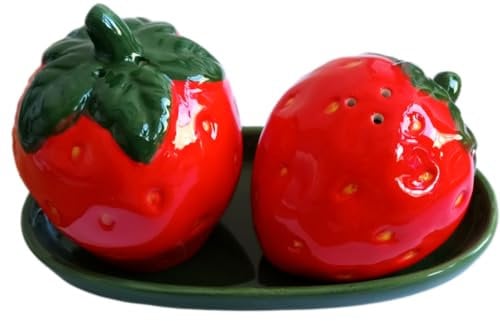 Novelty Glazed Ceramic Strawberry Shaped Salt and Pepper Pots/Shakers Set with Base - Red, Dark Green - 14 cm