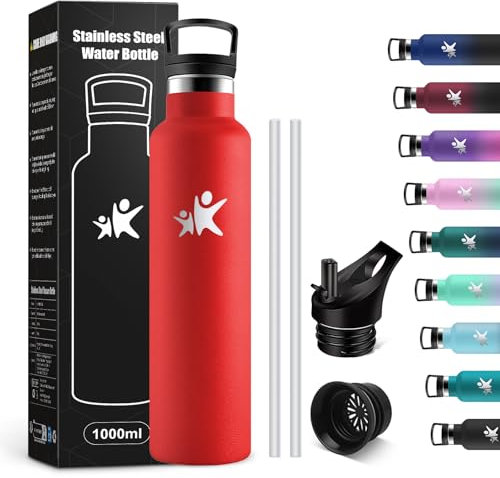 KollyKolla Trinkflasche 1L, Thermosflasche mit Strohhalm, Auslaufsicher Wasserflasche Kohlensäure Geeignet, BPA-frei, Isolierflasche Doppelwandig, Wasserflasche für Reisen, Camping, Sprudel, Büro