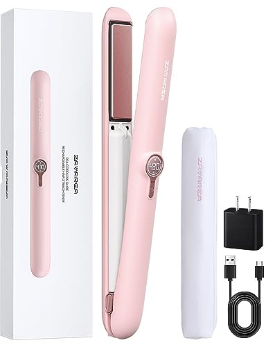 ZAVAREA Cordless Hair Straightener Curler, 2-in-1 Mini Travel Iron | Ceramic ionic plates, for travel gym office, 9000mAh USB-C rechargeable, 5 heat settings