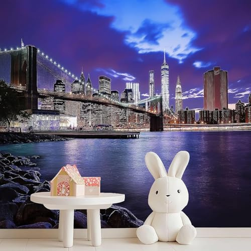 Buohwiwe Mural Wallpaper New York Night View, 3D Panoramic Photo Wallpaper New York City Non-Woven Murals 150x105 cm Art Print Wall Mural Bedrooms Living Room Modern Design Poster Picture q.4075
