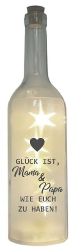 WB wohn trends LED-Flasche mit Motiv, Glück ist Mama & Papa wie euch zu haben, grau, 29cm, Flaschen-Licht Glitzer-Flasche Leuchtflasche Lampe mit Text Spruch