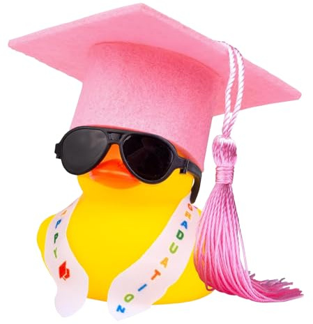 Lustige Akademiker Gummiente mit Diplom Mini Graduierung Hut Schärpe Brille Ente Auto Armaturenbrett Dekoration Prüfung Bestanden Bachelor Geschenk 2026 bei Prüfungen Abschlussfeier (Pink-Schwarz)