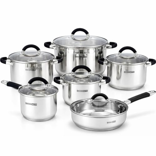 HOMSMYTH 12 Pcs Stainless Steel Pots and Pans Set – Induction Compatible Cooking Pot with Silicon Handles and Glass Lids | Stockpot Set Casserole, Frying Pan & Saucepan Set | Durable Cookware Set
