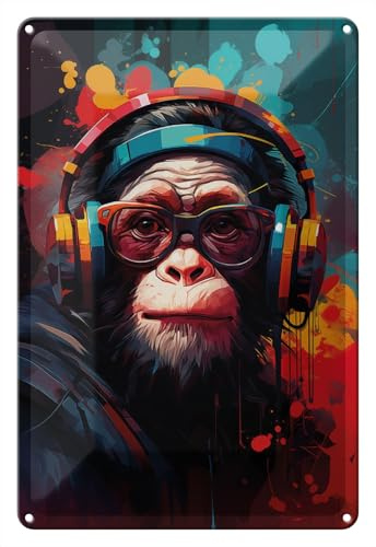 Wallario Blechschild Wandbild aus Metall Chimp - Musik - 20 x 30 cm in Premium-Qualität: Brillante Farben