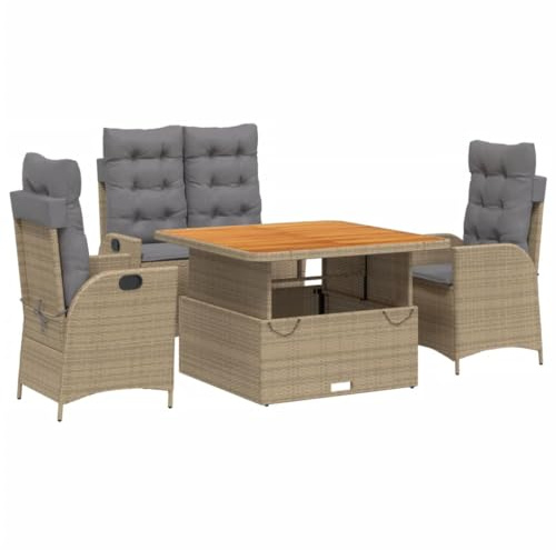 HFXHIJXQ 4-TLG. Poly-Rattan Balkonmöbel Set Beige 110 cm höhenverstellbarer Gartentisch 2 Gartensessel+Bank wetterfestes Outdoor Möbel für Balkon Terrasse Garten