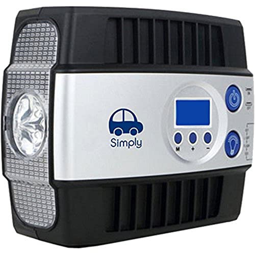 Simply DAC02 Digital Air Compressor, Air Compressor Tyre Pump LCD Gauge Display Screen, 100 PSI, 12V with Screw on Valve Connector, Integrated LED Torch, 2 Extra Nozzle Adaptors