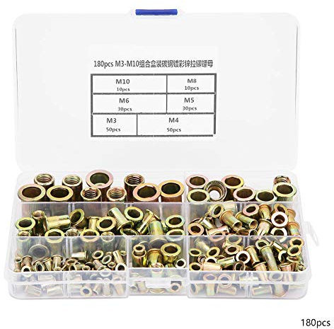 180pcs M3-M10 remache Kit de surtido de tuercas Chapado en zinc Acero al carbono Cabeza plana Rosca Inserto Inserto Remache Nutsert