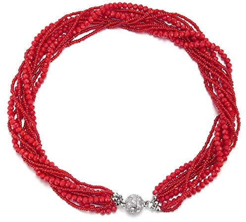 COOLSTEELANDBEYOND Rot Statement Halsketten Anhänger Multi-Schichten Perlen Kristall Geflochtene Kette Halsband Choker Magnetverschluss