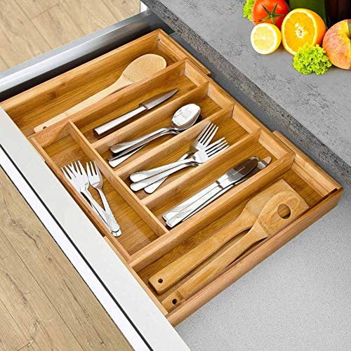 BAKAJI Vassoio Portaposate da Cassetto Estendibile per Cucina in Legno di bambù con 5 Scomparti Porta Posate + 2 a Scomparsa Colore Bamboo Naturale Salvaspazio (37 x 31 x 5 cm)
