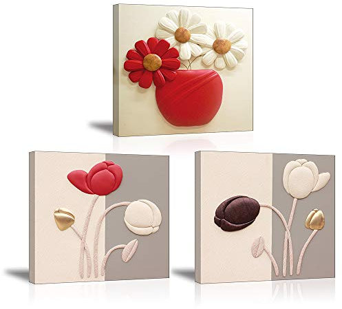 Piy Painting Kunstdruck auf Leinwand, elegante Tulpen, Gemälde, Gänseblümchen, repräsentiert reine Liebe, bereit zum Aufhängen, für Kunst-Deko, Badezimmer, Geschenk zu Geburtstag, 3er 30x30cm