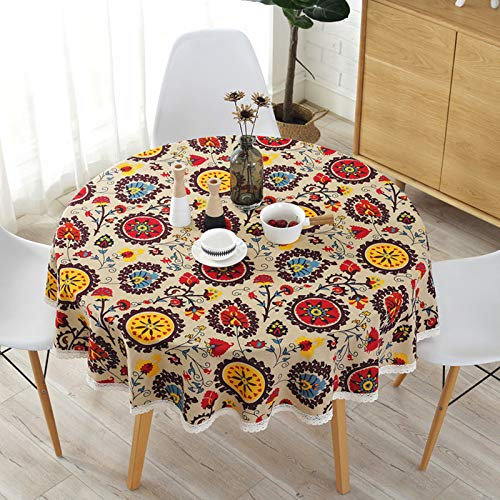 YQHWLKJ Bohemian National Wind Runde Spitze Tischdecke Baumwolle Bedruckt Hotel Dekorative Tischdecke Sonnenblumen Dekor Tischbezüge Spitze