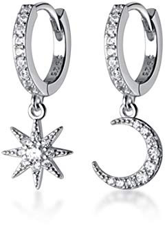 SLUYNZ 925 Sterling Silber Stern Mond Creolen für Mädchen Damen - Funkelnde CZ Tropfen Ohrringe